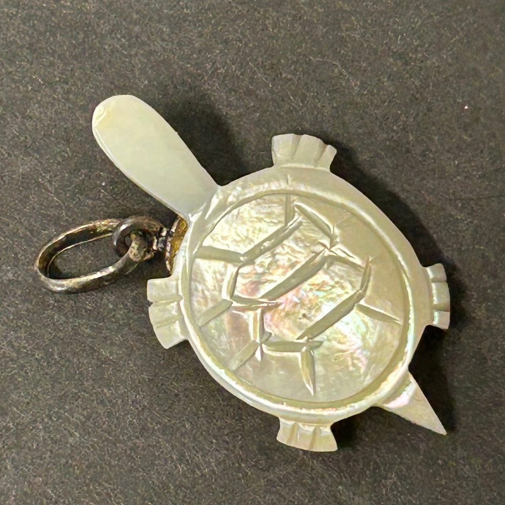 Carved Mother of Pearl Turtle Charm Pendant White Iridescent